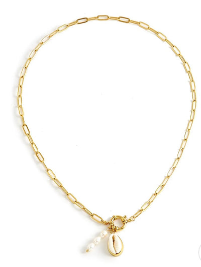 Cowrie & Pearl Paperclip Necklace