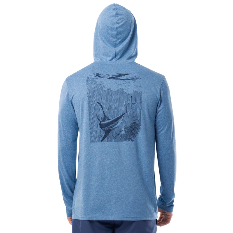 Shark Sketch Long Sleeve Performance Hoodie- Denim Heather