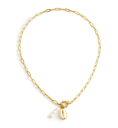 Cowrie & Pearl Paperclip Necklace